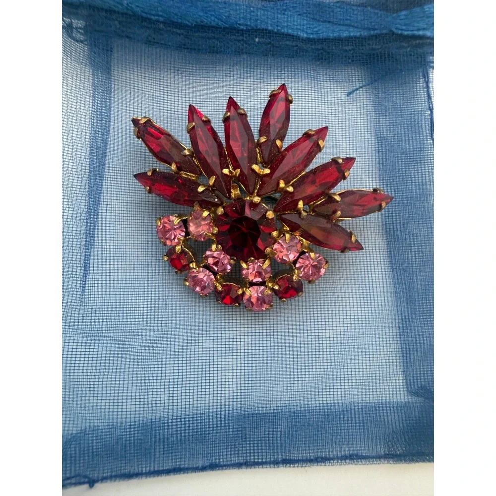 Vintage Austria‎ Red Pink Rhinestone Sunburst Brooch  Regencycore Holiday Gift